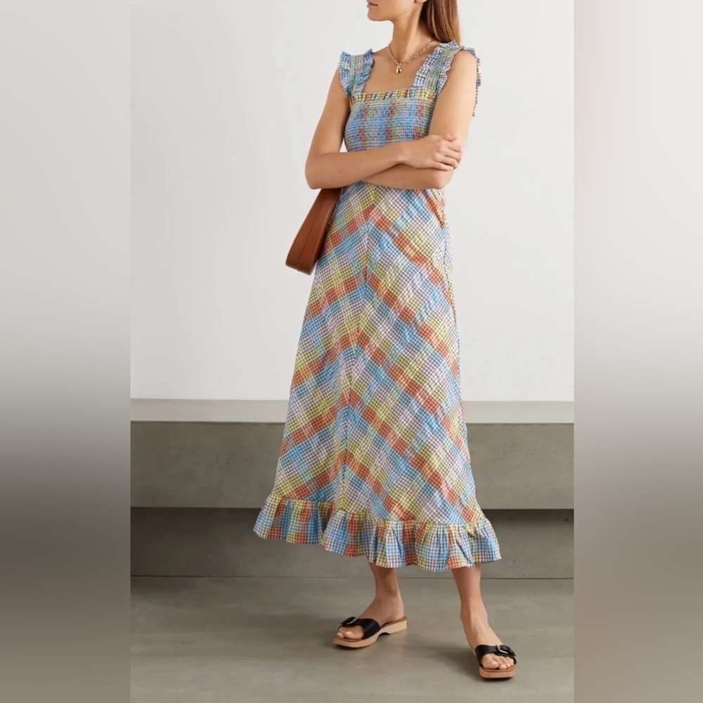 GANNI- Checked Seersucker Ruffle Hem Dress. Size 38 or US 6